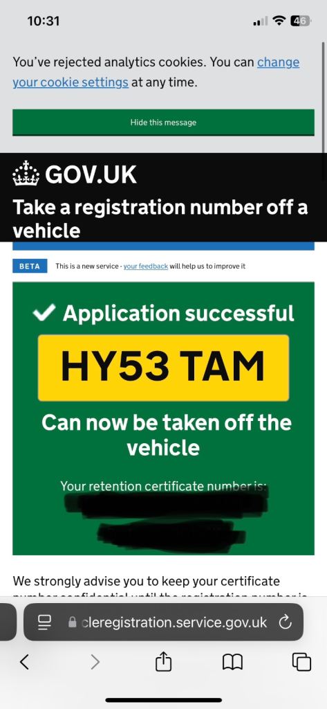 Personalised number plate HY53TAM