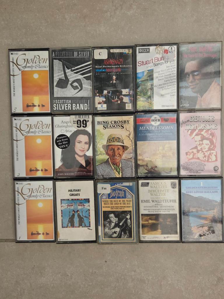 Box of 15 vintage music cassettes