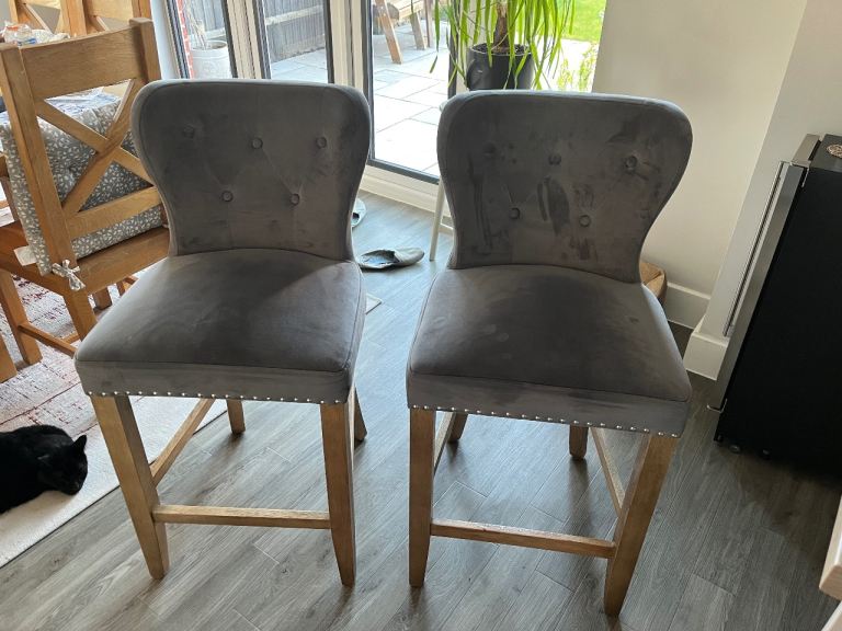 Two Grey Velvet Bar Stools with Ring Pulls