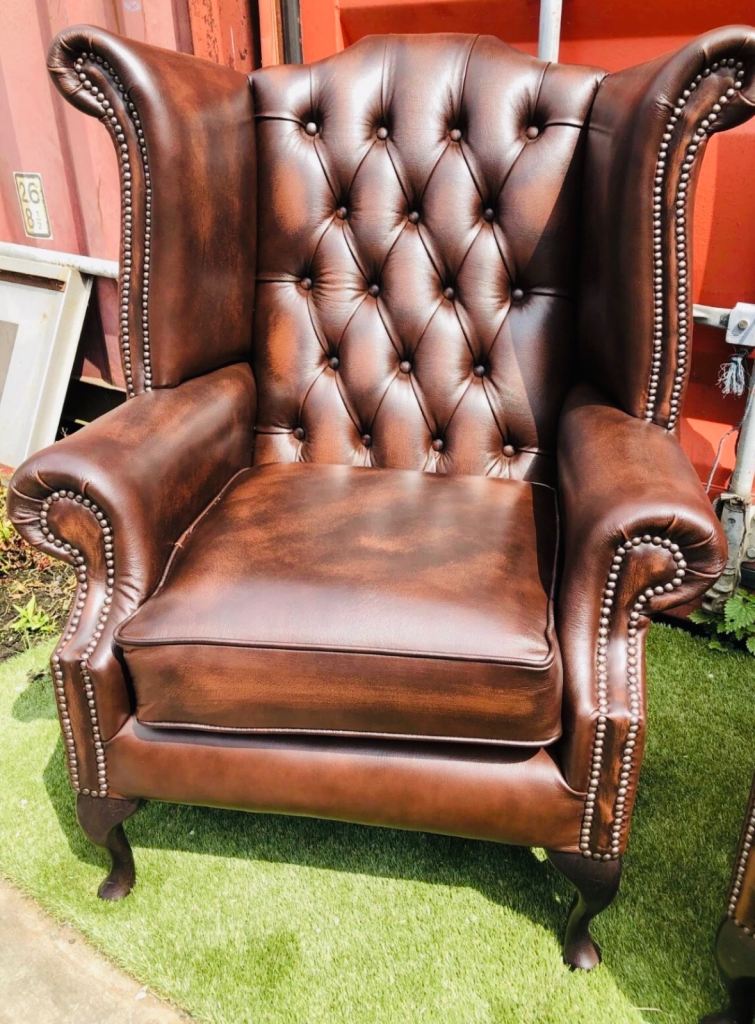 Chesterfield Brown Leather Antique Queen Anne Chair New  Condition
