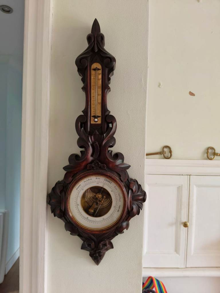 Antique Victorian Carved Wooden Aneroid Barometer/Thermometer V Good Condition