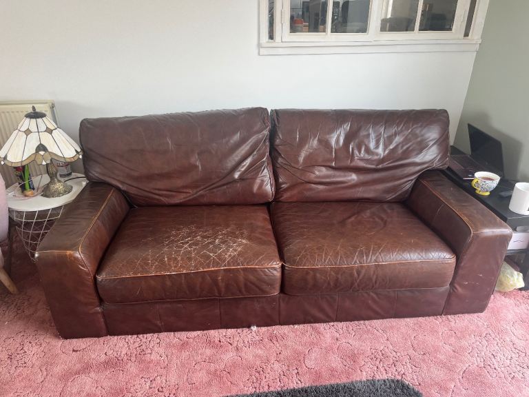Brown Leather 3-Seater Sofa – Fair Condition, Well Used