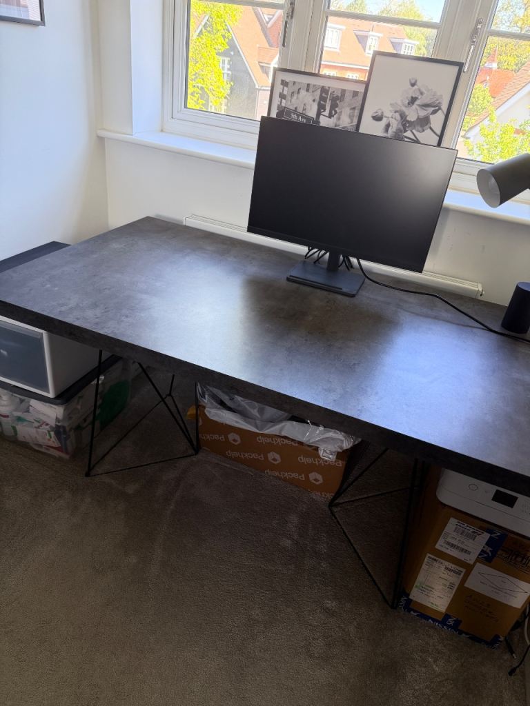 Modern Grey Office Desk with Metal Legs – excellent condition