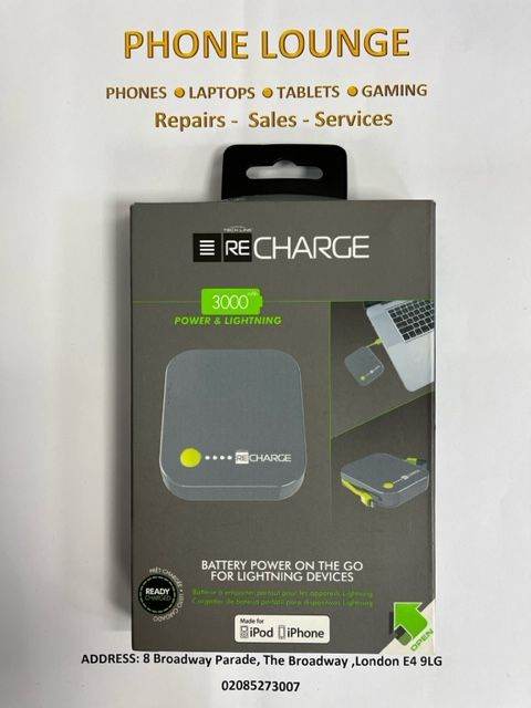 ReCharge 3000mah Power Bank with built in lighting connector suitable for apple iphones/ipods/ipads