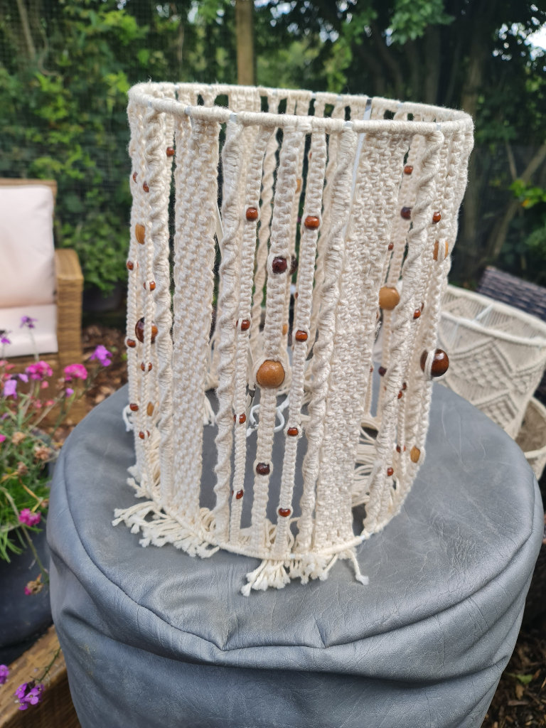 Beautiful Vintage/Boho tall beaded cream macrame light/lamp shade