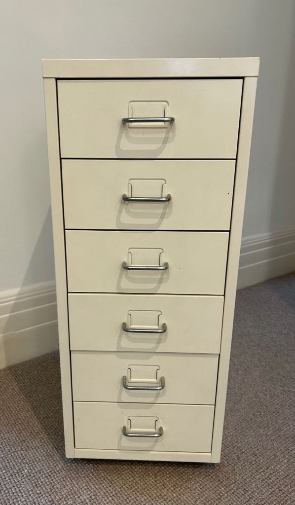 Cream Metal Filing Cabinet with 6 Drawers on Wheels