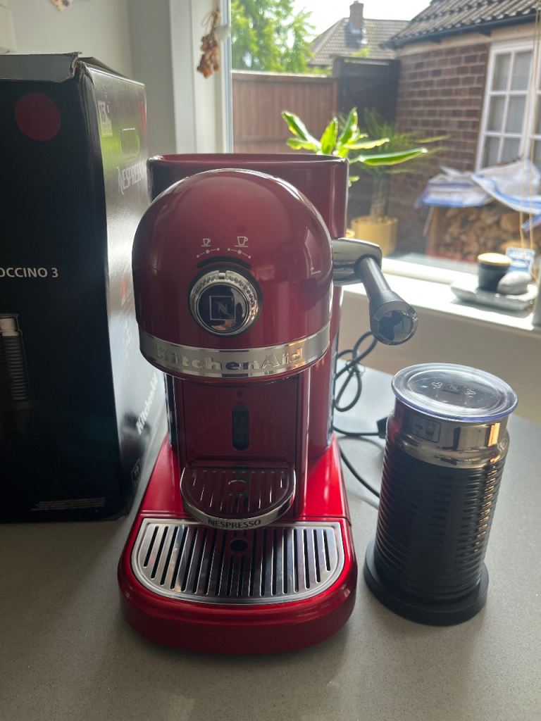 KitchenAid Artisan candy apple red coffee pod machine with Nespresso milk frother 