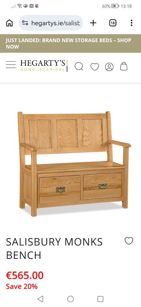 Oak monks bench with drawers