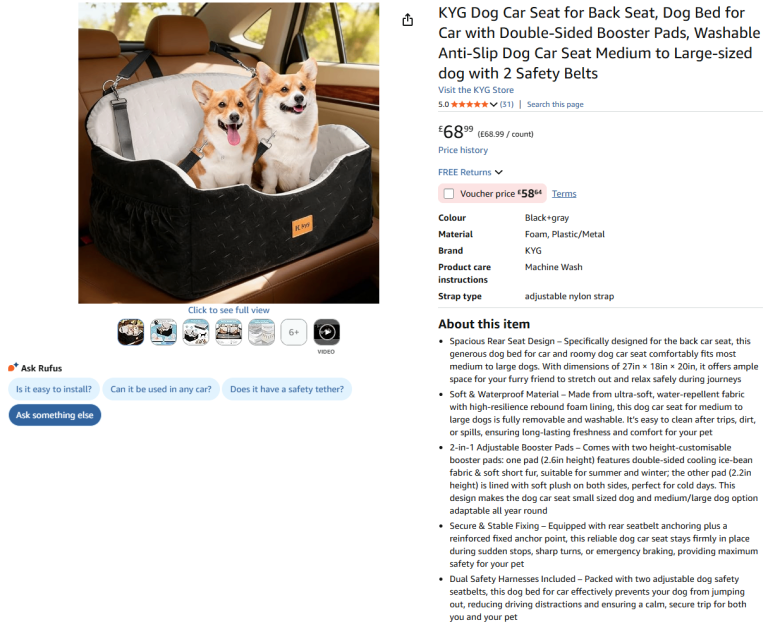 New KYG Dog Car Seat - Medium/Large - Unopened - Half price