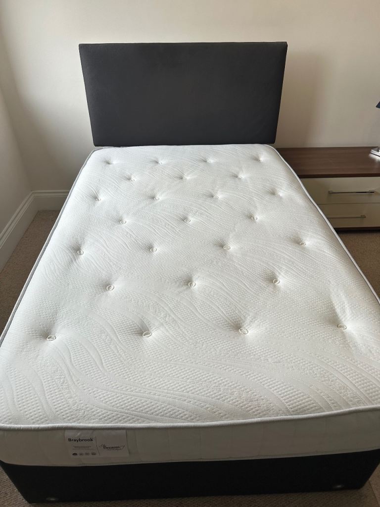 Small Double bed base, headboard and mattress