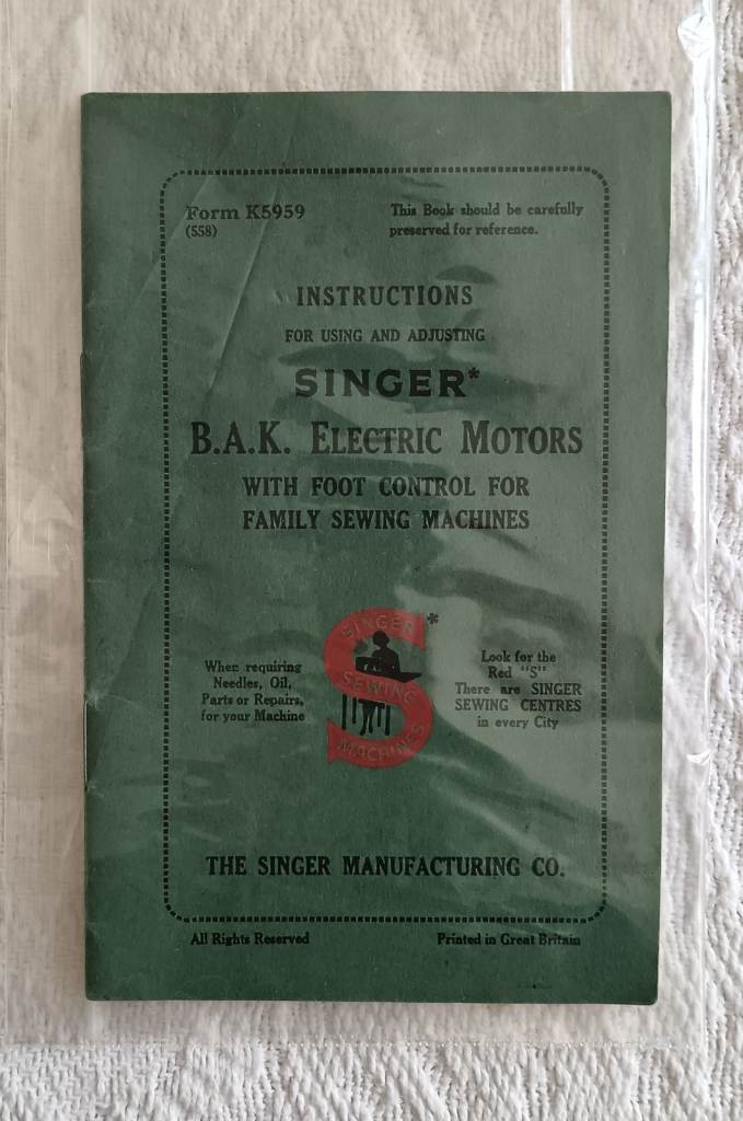 ORIGINAL Book SEWING SINGER BAK Electric Motors Instructions Manual User Guide Authentic