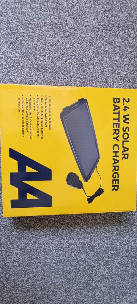 Genuine AA 2.4W 12v Solar Battery Charger  Cars. Boats. Caravans. Motor Cycles & leisure batteries. 