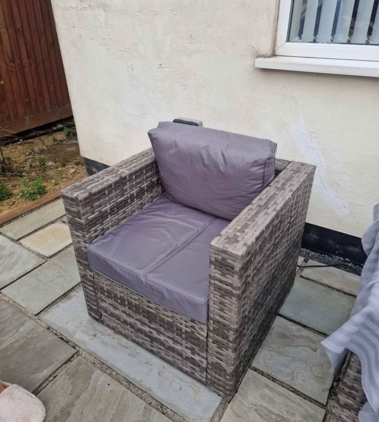 Set of two Garden Patio Rattan Chair s with Cushions – Grey, Good Condition