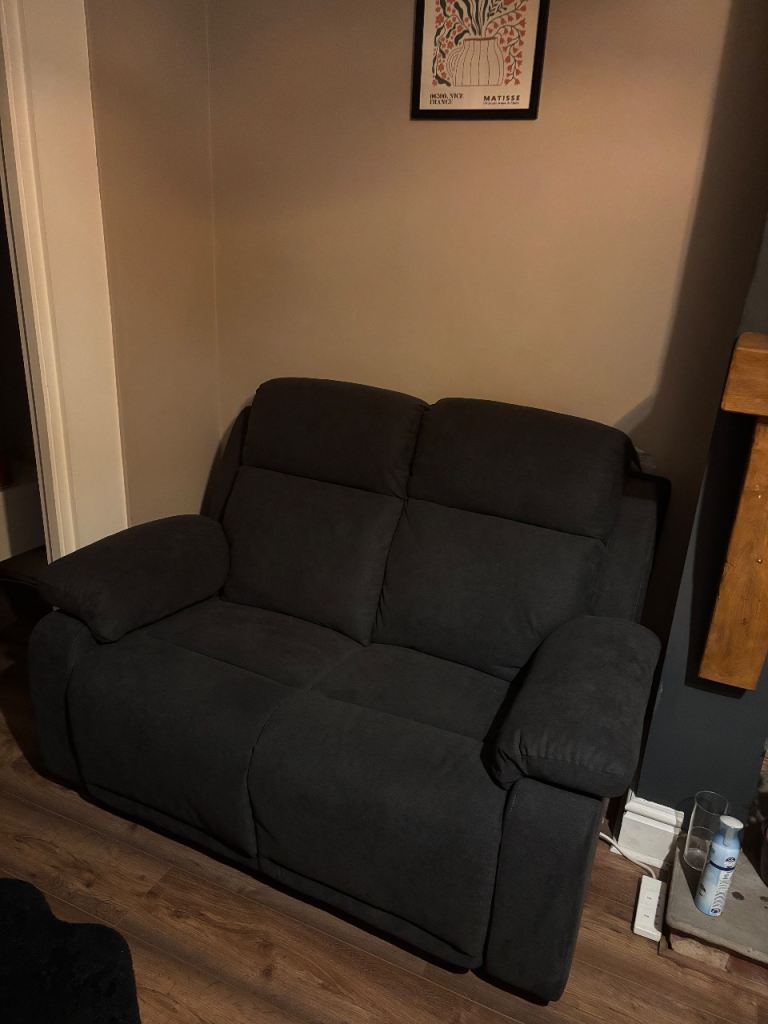Good Condition Grey Fabric Two-Seater Recliner Sofa
