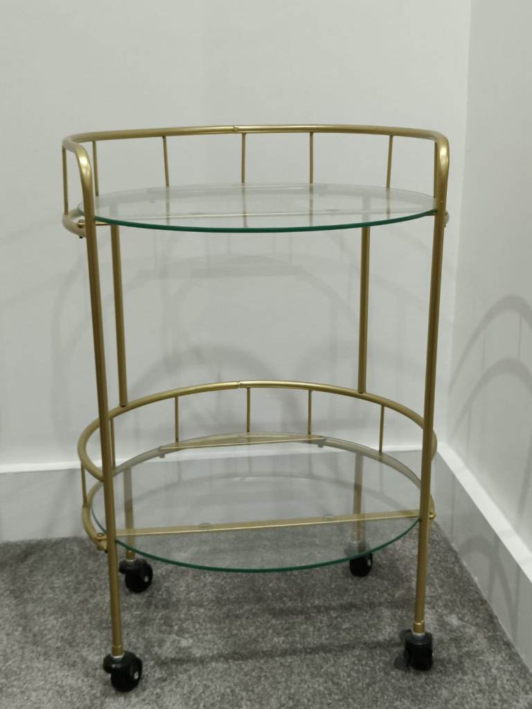 Elegant Gold & Glass Two-Tier Serving Cart on Wheels