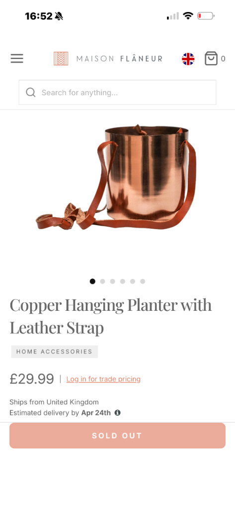 Copper planter with leather strap new 
