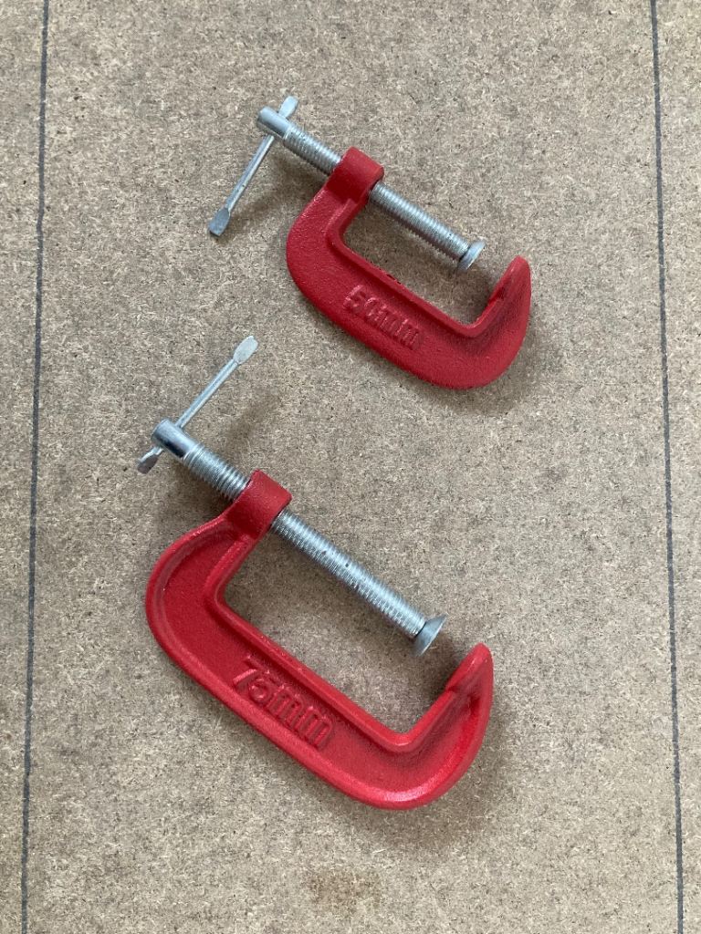 2 Mini G Clamps (steel) 50mm and 75 mm