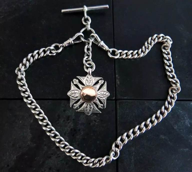 Antique Solid Sterling Silver Robert Pringle & Sons Pocket Watch Chain & T-Bar