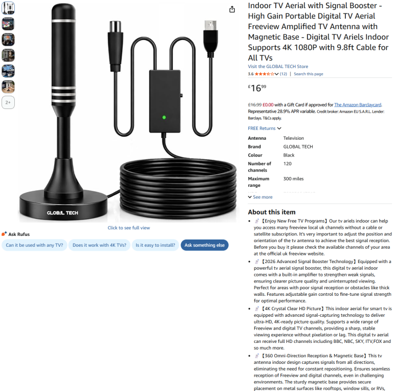 New Amplified Indoor TV Aerial with Signal Booster (Freeview 4K/1080P) - Half Price