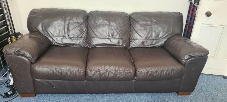 Brown Leather Three-Seater Sofa – Fair Condition