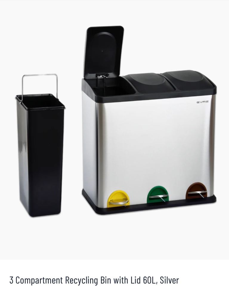  Recycling Bin with Lid – Metal, 3 Compartments