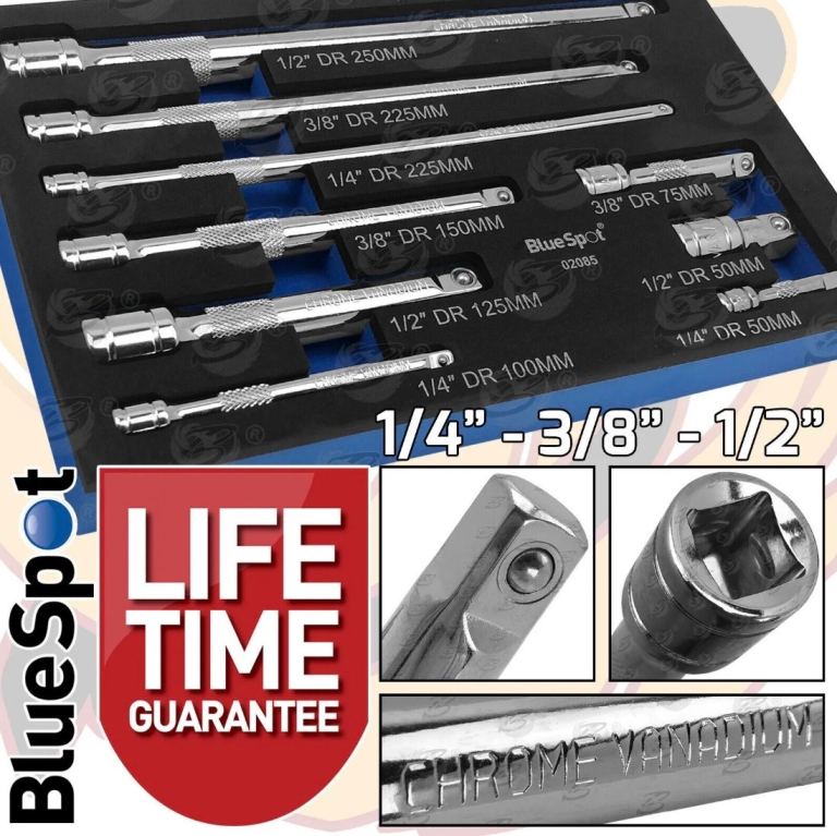 BLUESPOT 9pc Extension Bars 1/4" 3/8" 1/2" Long Reach Socket / Ratchet Extension Bar Set