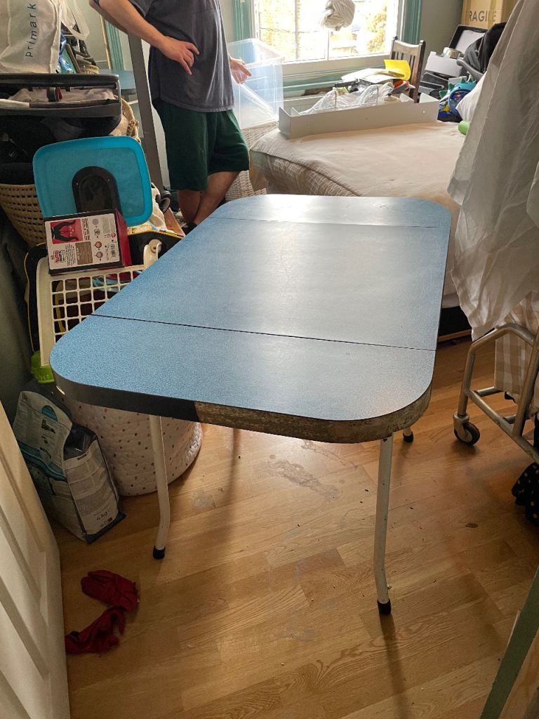 Vintage Retro Formica Kitchen Table 1950s Blue Capri pattern Metal Frame