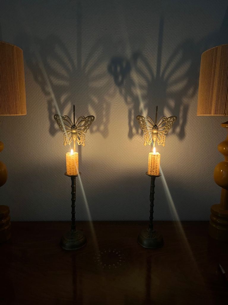 Vintage Asian Brass Butterfly Candlesticks w/ Shadow Effect & Symbols