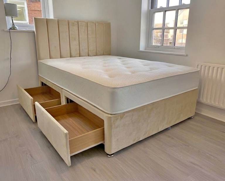 👉 🛏️🔥 4ft 6Double Divan Bed with Drawers & Headboard + Mattress Included – Like New – Can Deliver