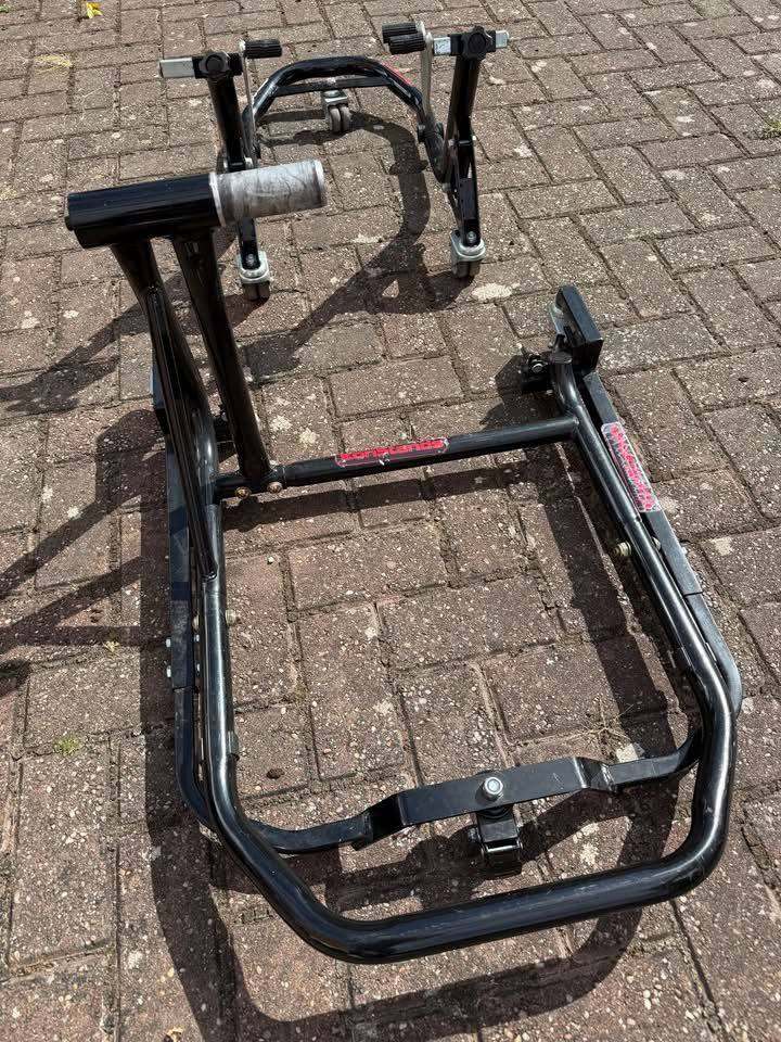 Wheeled front and rear cantilever dolly stands for Ducati single side swing arm.