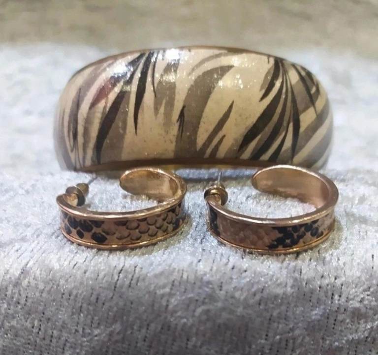 Gold Tone Hoop Earrings and Metal Bangle Set
