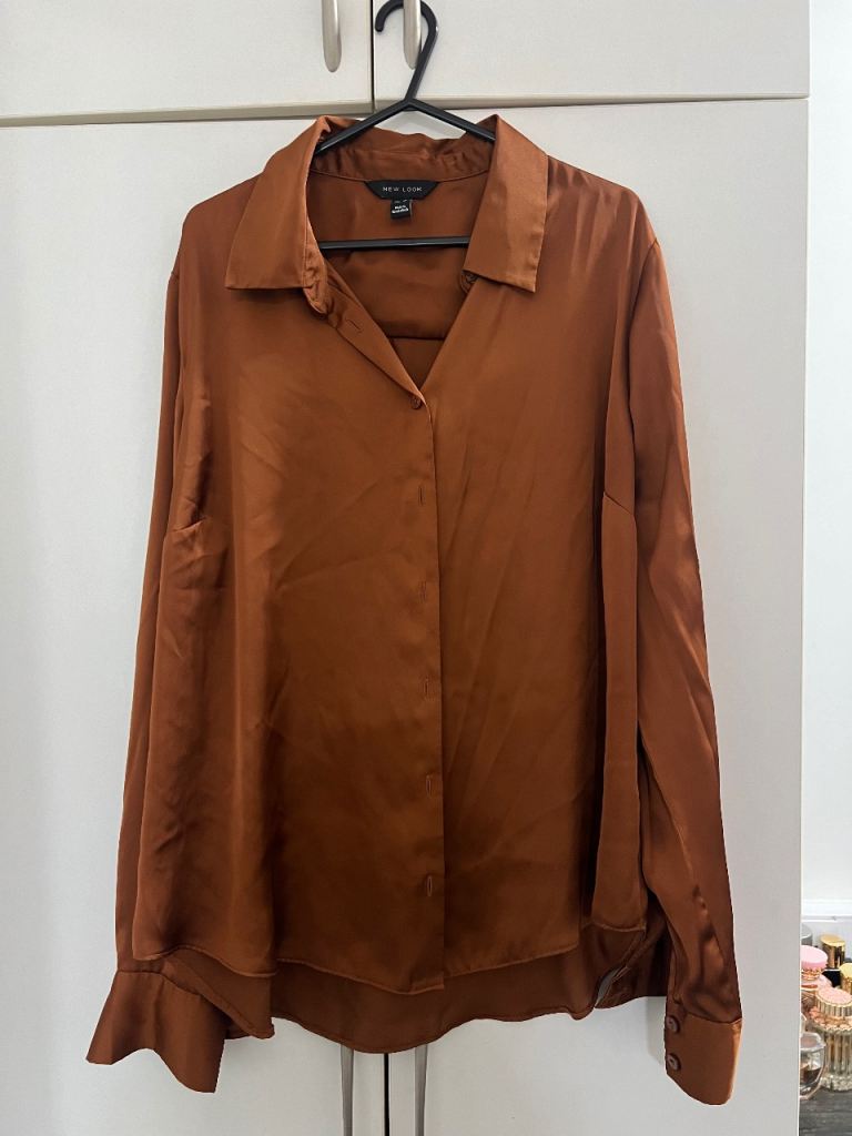New Look Brown Satin Long Sleeve Shirt – Size 14, As New