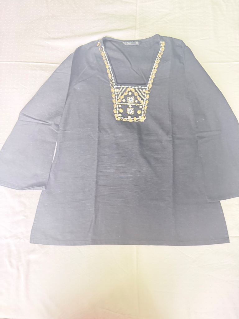 Black V-Neck Top with Embroidered Neckline – Good Condition