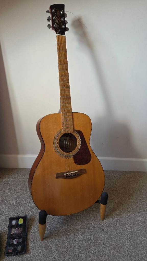 Guitar Acoustic 6 string with capo, some strings, and selection of plectrums