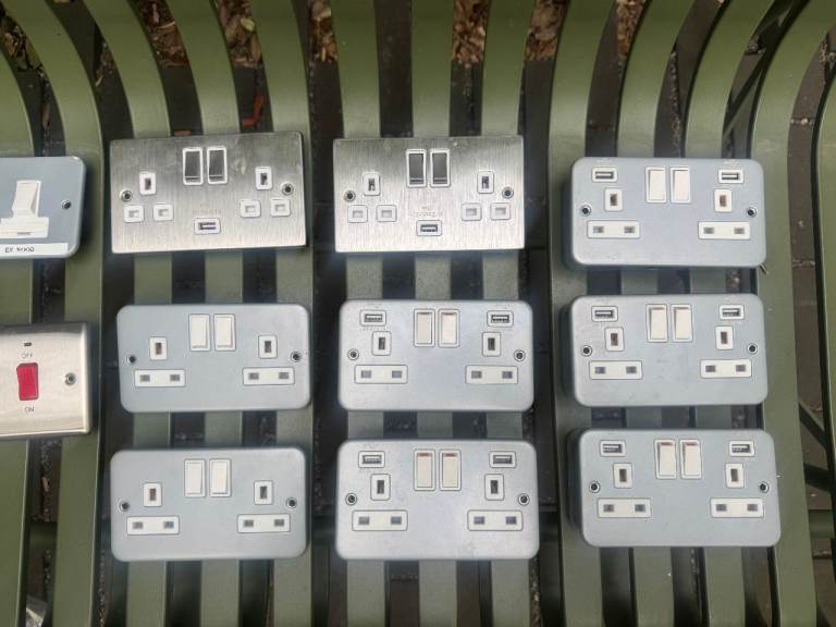 Job Lot of 11 x Double Plug Sockets with USB Ports – Brushed Metal