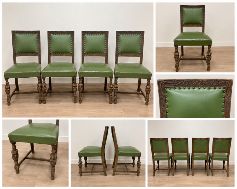 Set of 4 Vintage Carved Oak Dining Chairs with Green Upholstery