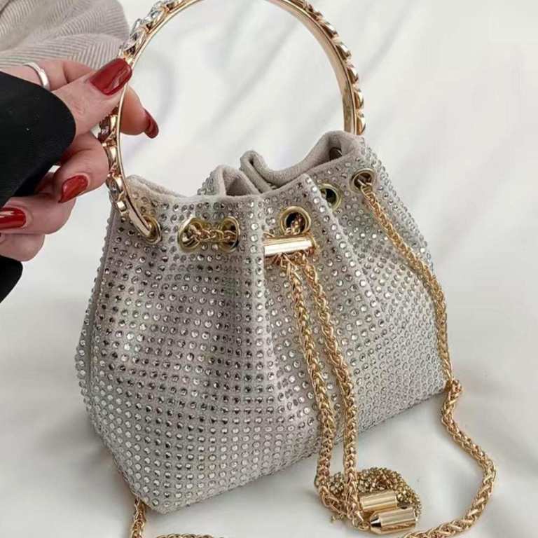 Beige Silver Diamante Grab Bag