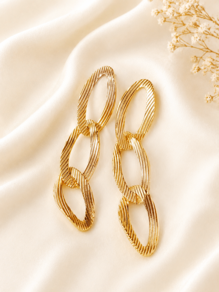 Textured Triple Link Drop Earrings Gold Tone Statement Dangle Earrings Party Prom Gift