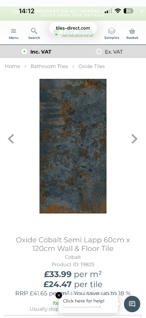6 x New Cobalt Oxide Semi Lapp Wall & Floor Tiles 60x120cm