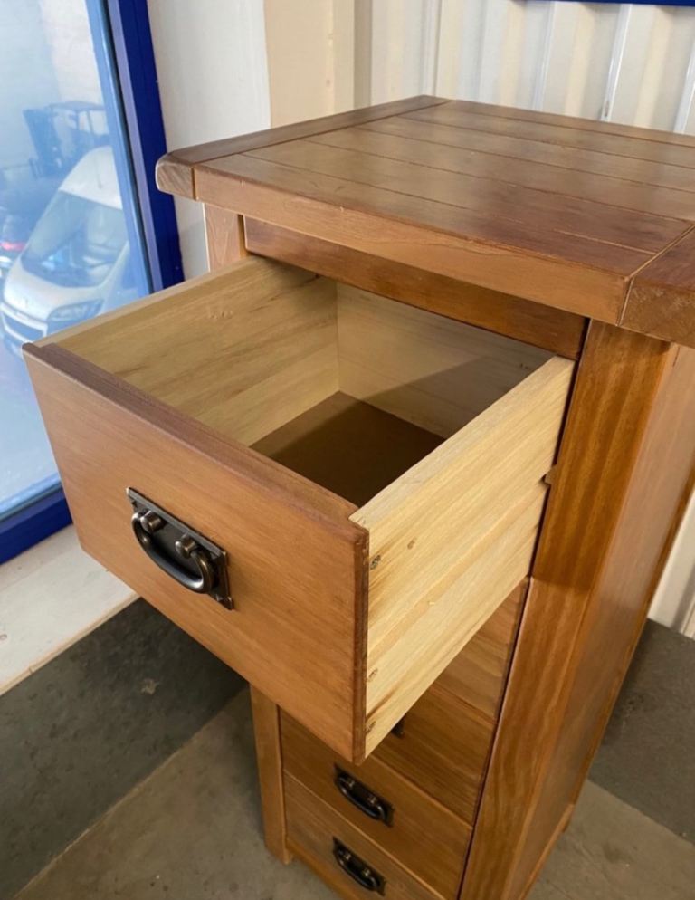 Solid Oak King Size Bed with Bedsides, Mirror and Tall Boy Chest of Drawers