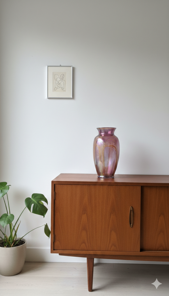 ​Art Nouveau Loetz Style Iridescent Glass Vase -Pink  Pulled Feather Design - MCM Statement -