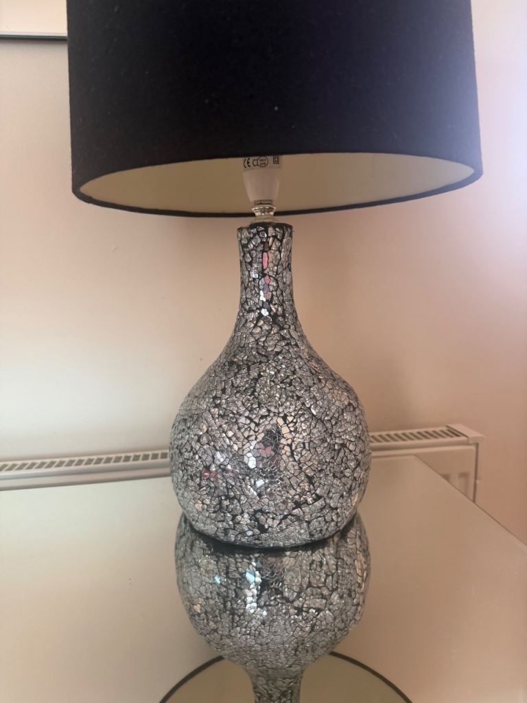 Silver Mirrored Mosaic Table Lamp with Black Drum Shade | Modern Glam Bedroom Lounge