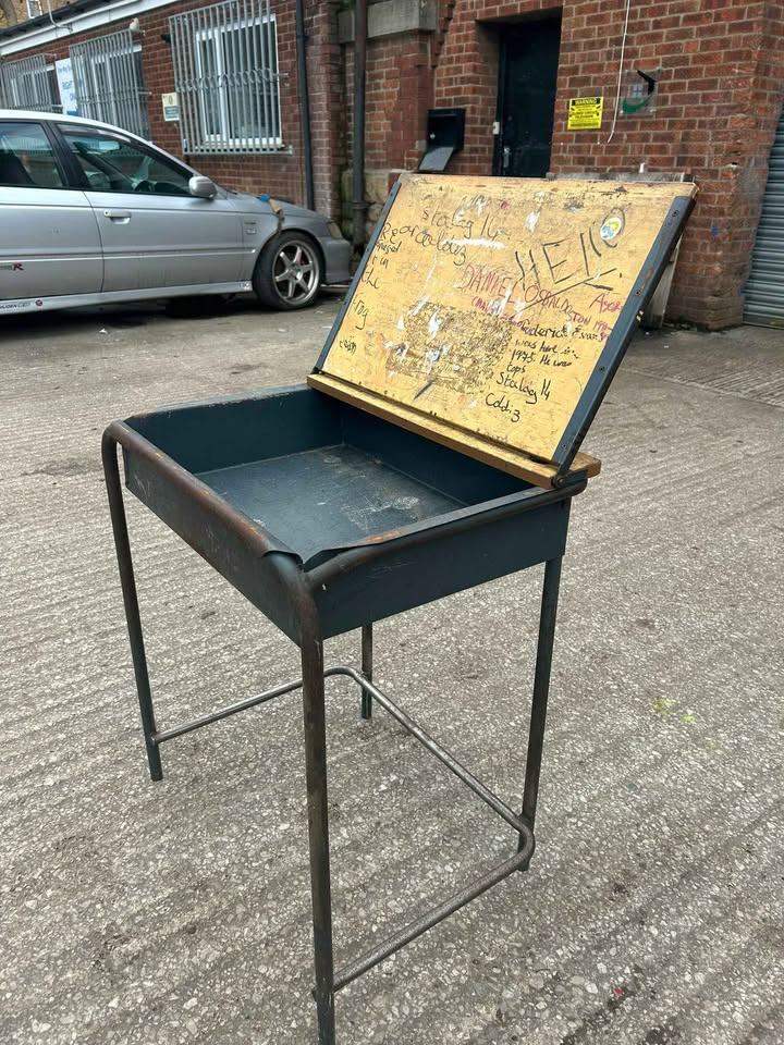  Vintage single school desk metal legs and draw with wooden lid