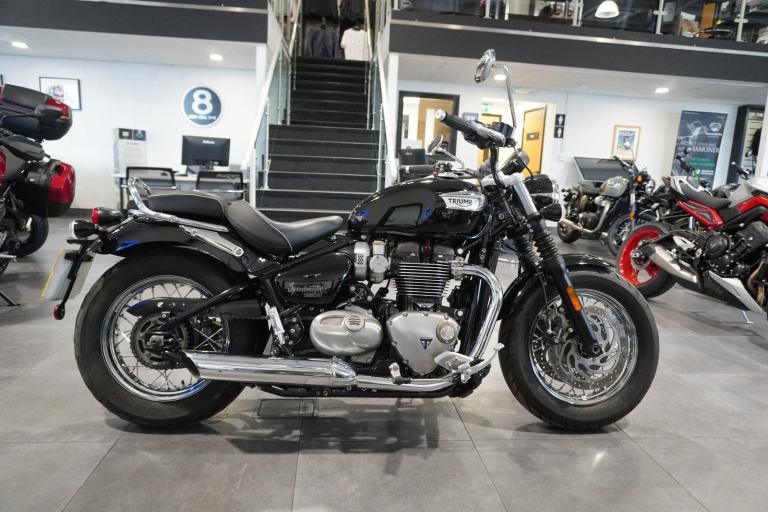 Triumph Bonneville Speedmaster, 2023, Black with just 3034miles Only £9495. 