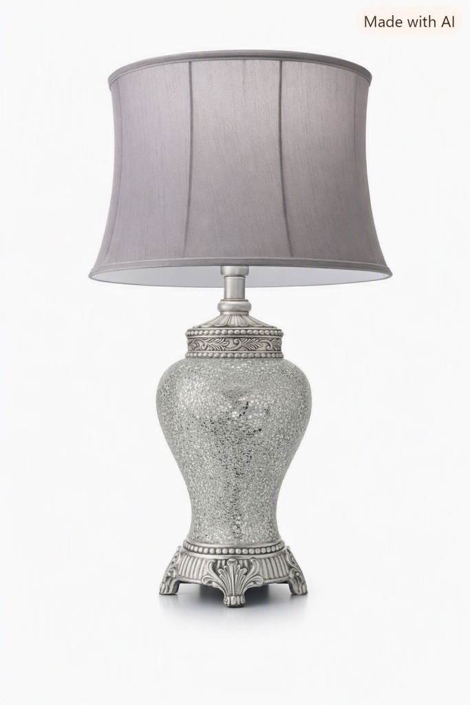 Silver Mosaic Table Lamp with Grey Shade – Good Condition