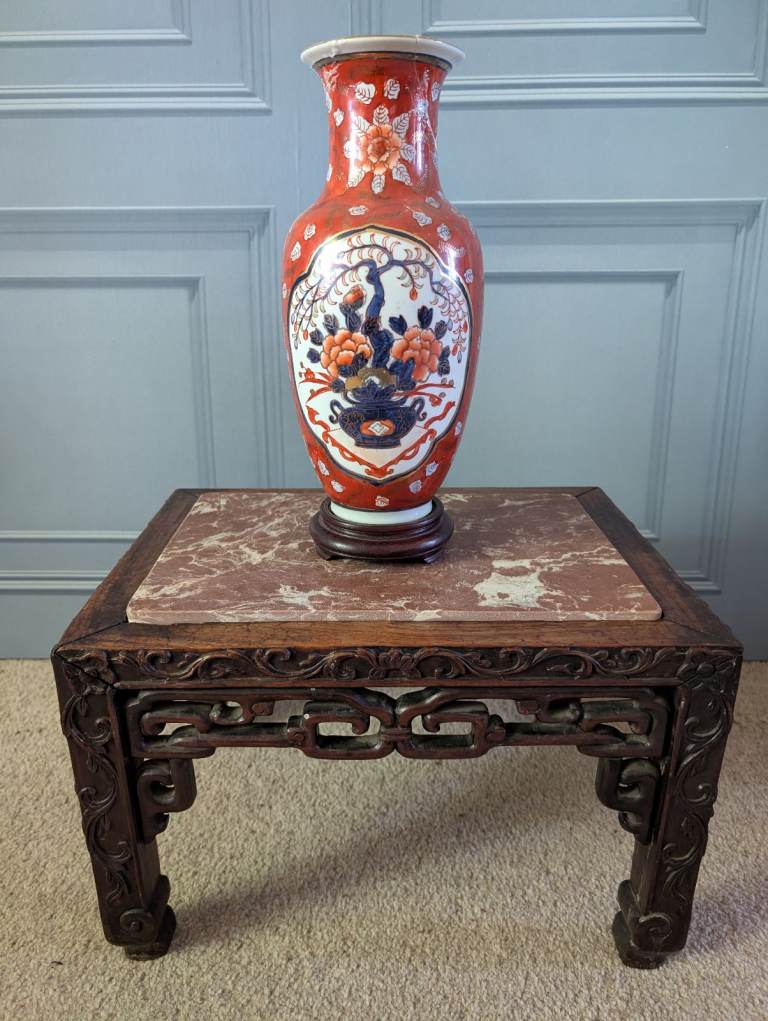 Antique Chinese carved hardwood low table with marble top 