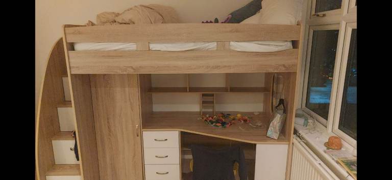 Kids High Sleeper Bed with Desk and Storage – Good Condition