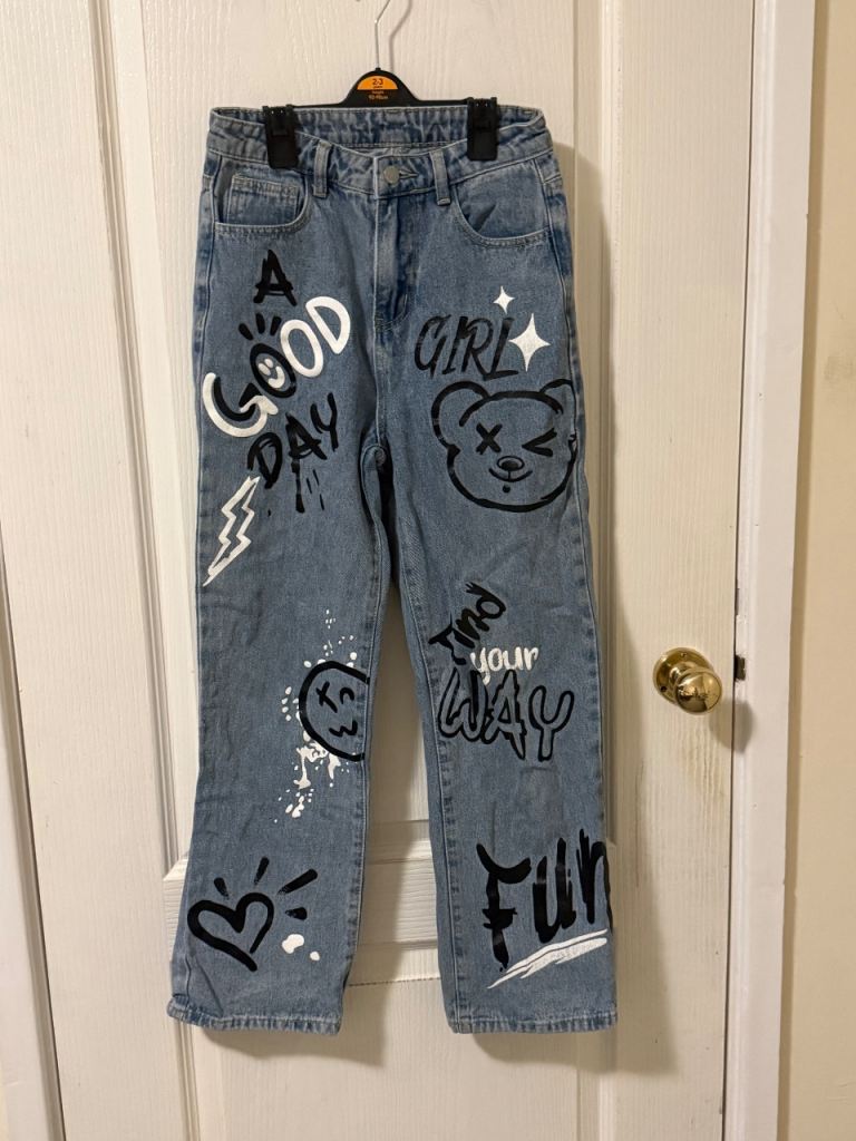 Teen Girls Cartoon And Letter Graphic Wide Leg Jeans 12-13 years old 