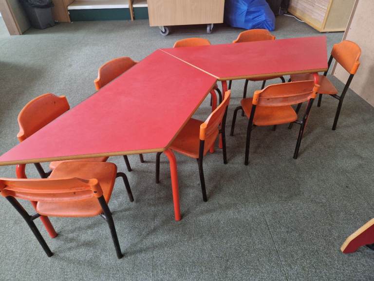 Red Trapezoid Table and Orange Chairs Set – Good Condition