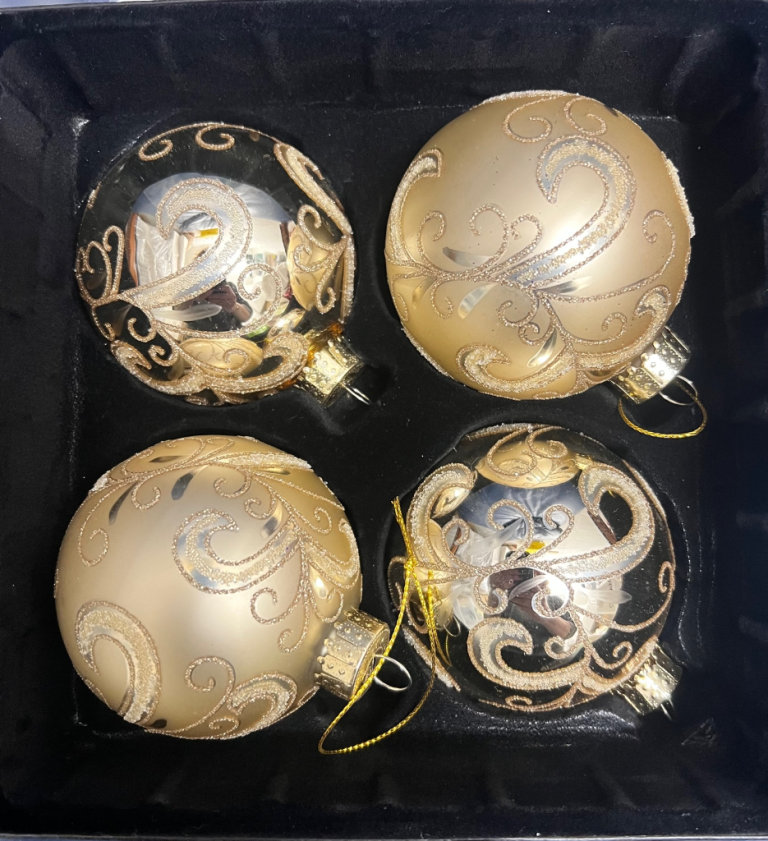 John Lewis, golden large baubles, four in quantity, boxed new